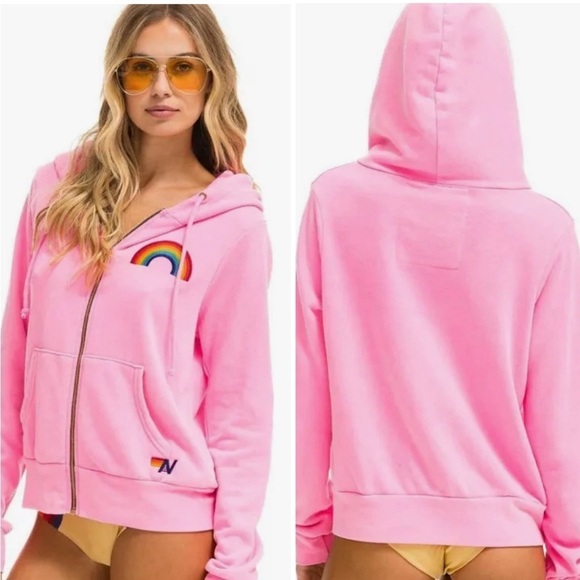 Aviator Nation Rainbow Embroidery Zip Hoodie in pink NWT L - Picture 1 of 6